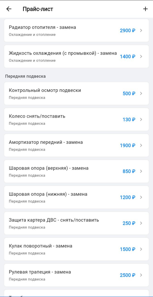 Прайс-лист с категориями работ и ценами